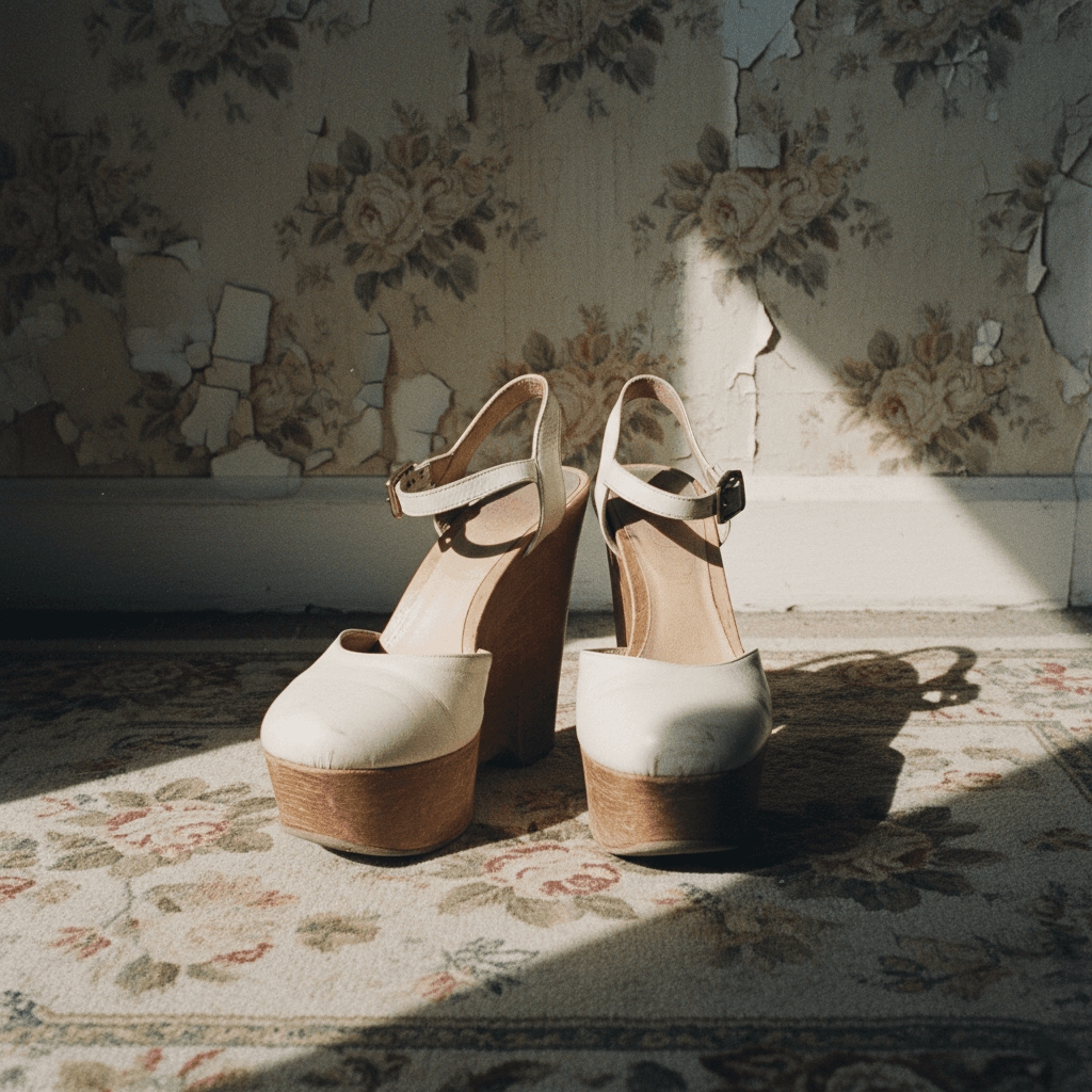 Cream 1970s platform heels with wooden wedge on floral rug