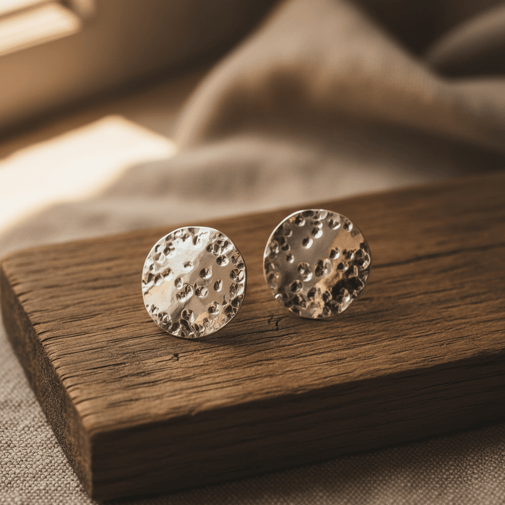Hand-hammered silver earrings resting on weathered wood