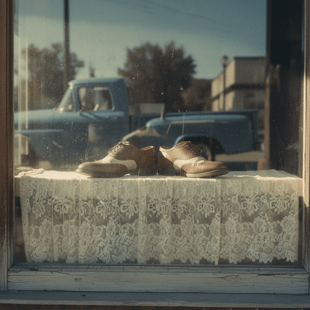 Men's two-tone spectator oxford shoes in dusty window display