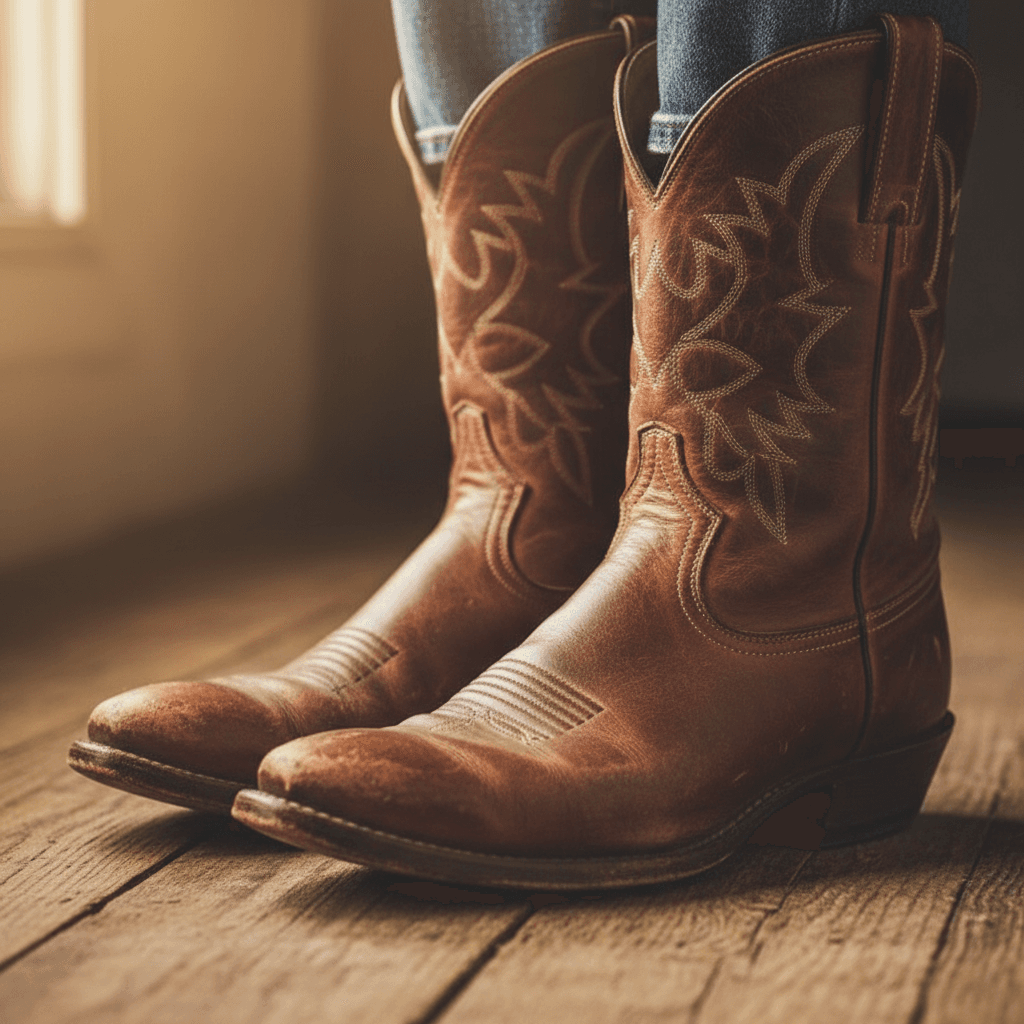 Worn brown leather cowboy boots with scuffed toes on a wooden floor