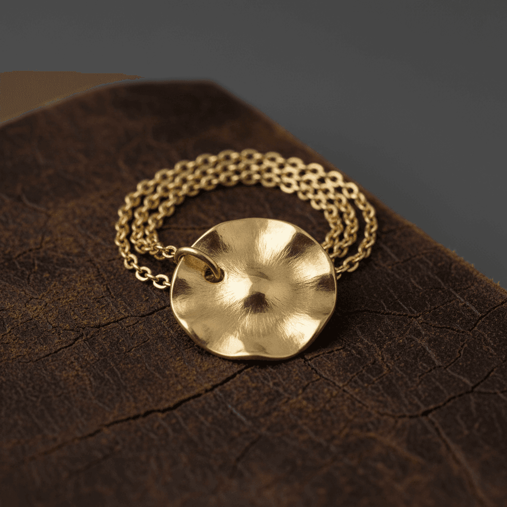 Brass pendant necklace on aged leather