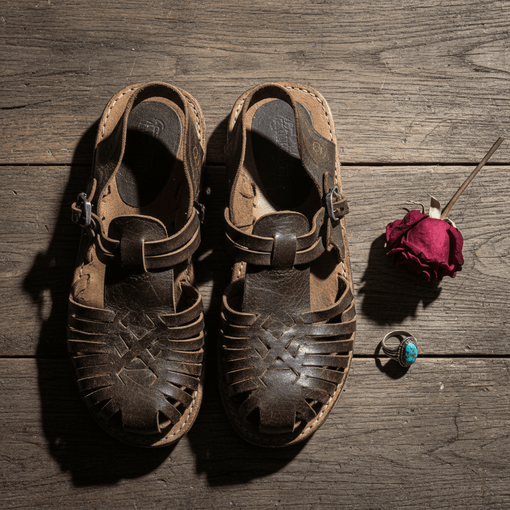 Worn huarache sandals with dried rose and turquoise ring on table