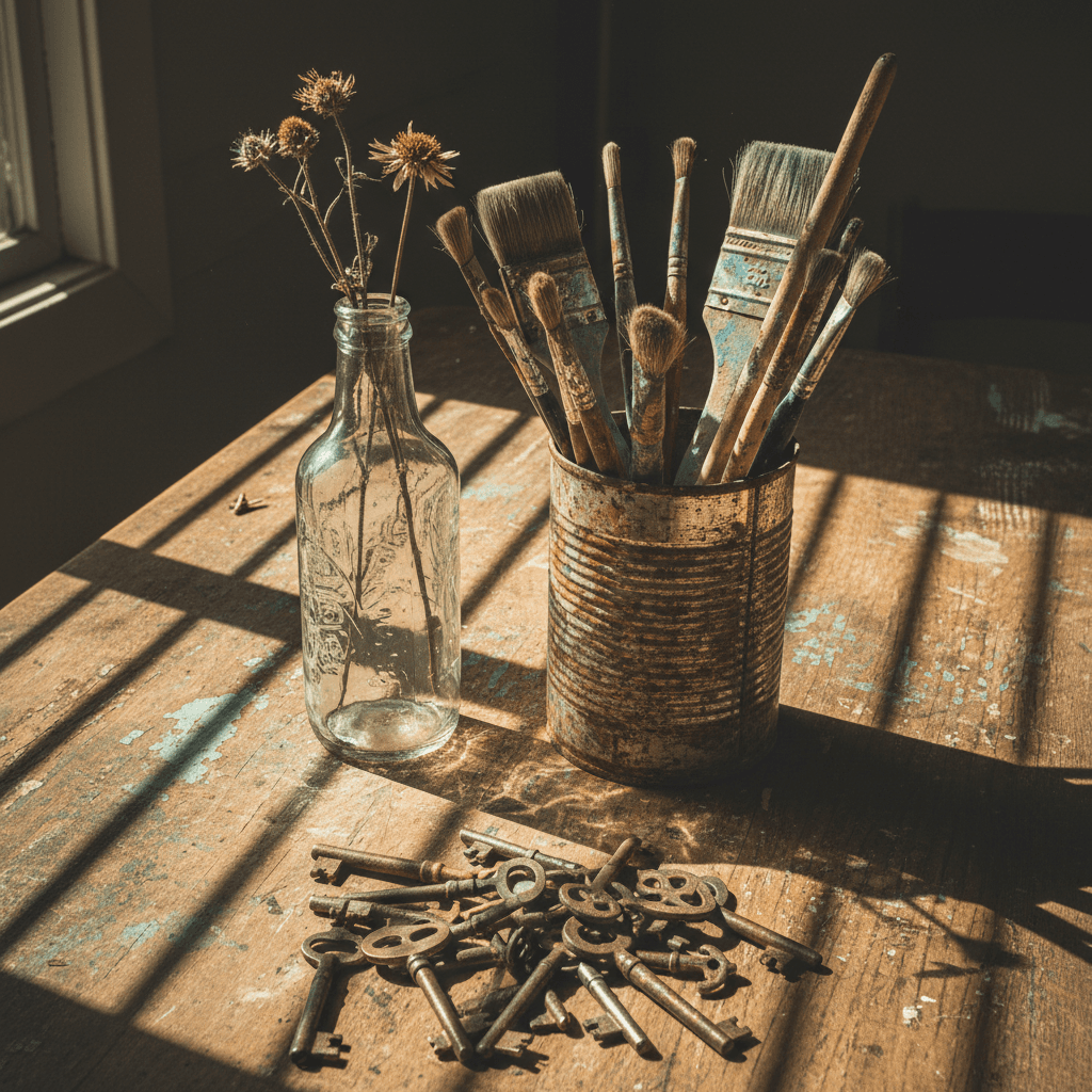 Collection of repurposed items like a glass bottle vase and old keys on a wooden table