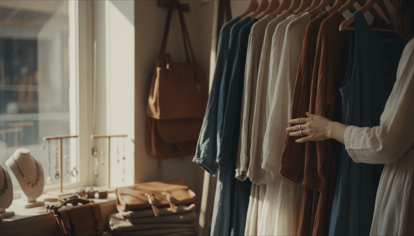 Hand touching a row of vintage dresses on a wooden rack in a cozy shop