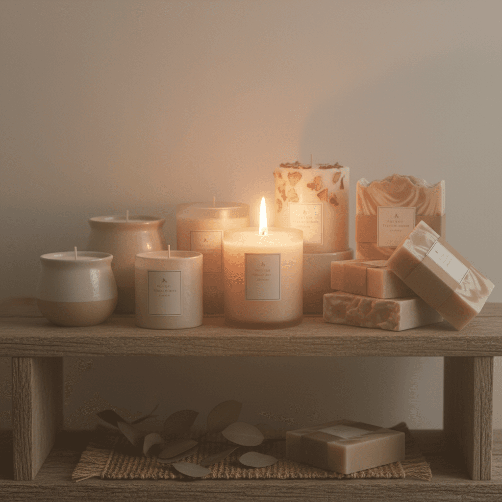 Collection of handmade candles and soap on a rustic shelf