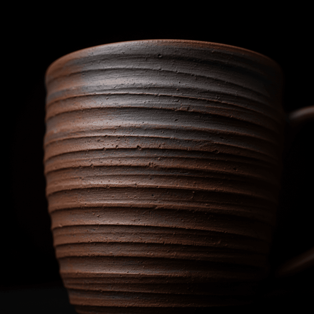 Close-up of a hand-thrown ceramic mug with visible texture