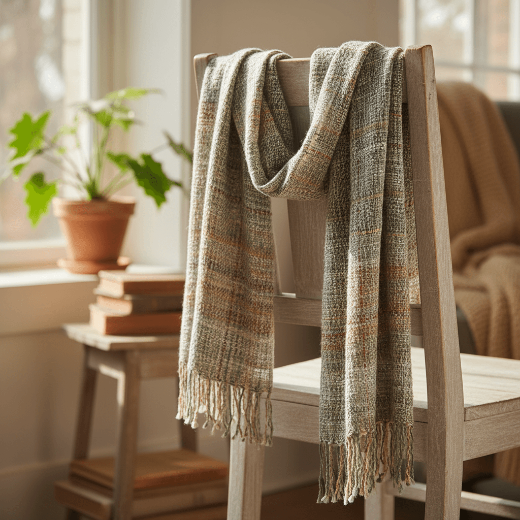 Handwoven linen scarf draped over a wooden chair in a sunlit room