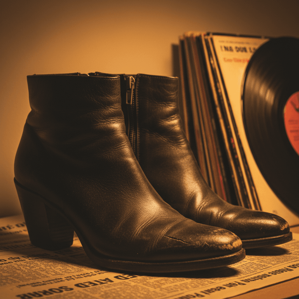 Vintage black leather ankle boots with stacked heel on newspapers