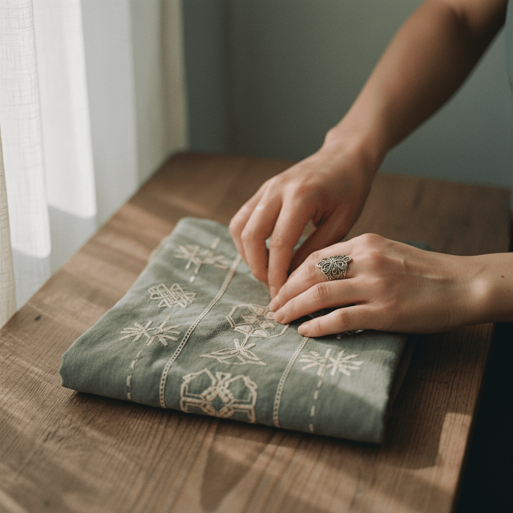 Woman's hands gently holding a vintage embroidered blouse on a wooden hanger in soft morning light