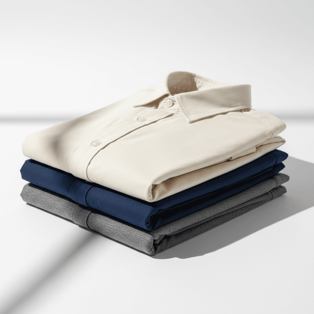 Stack of pre-washed cotton shirts on wooden shelf