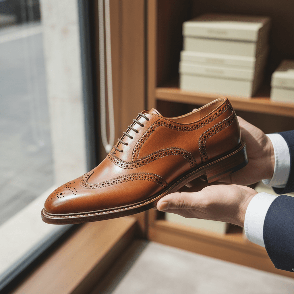 Hands holding tan leather loafers, thumb pressing into the worn insole