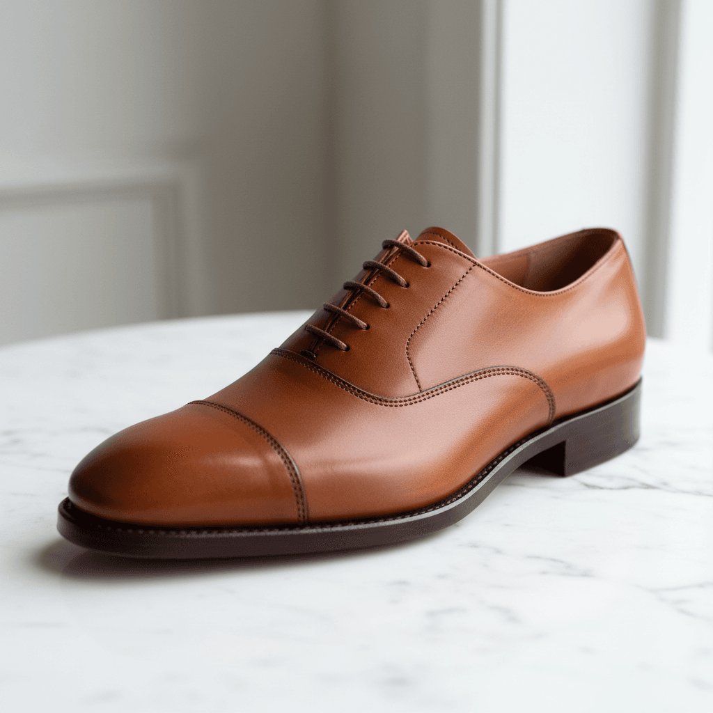 Black leather oxford shoes with visible stitching on an aged wooden floor