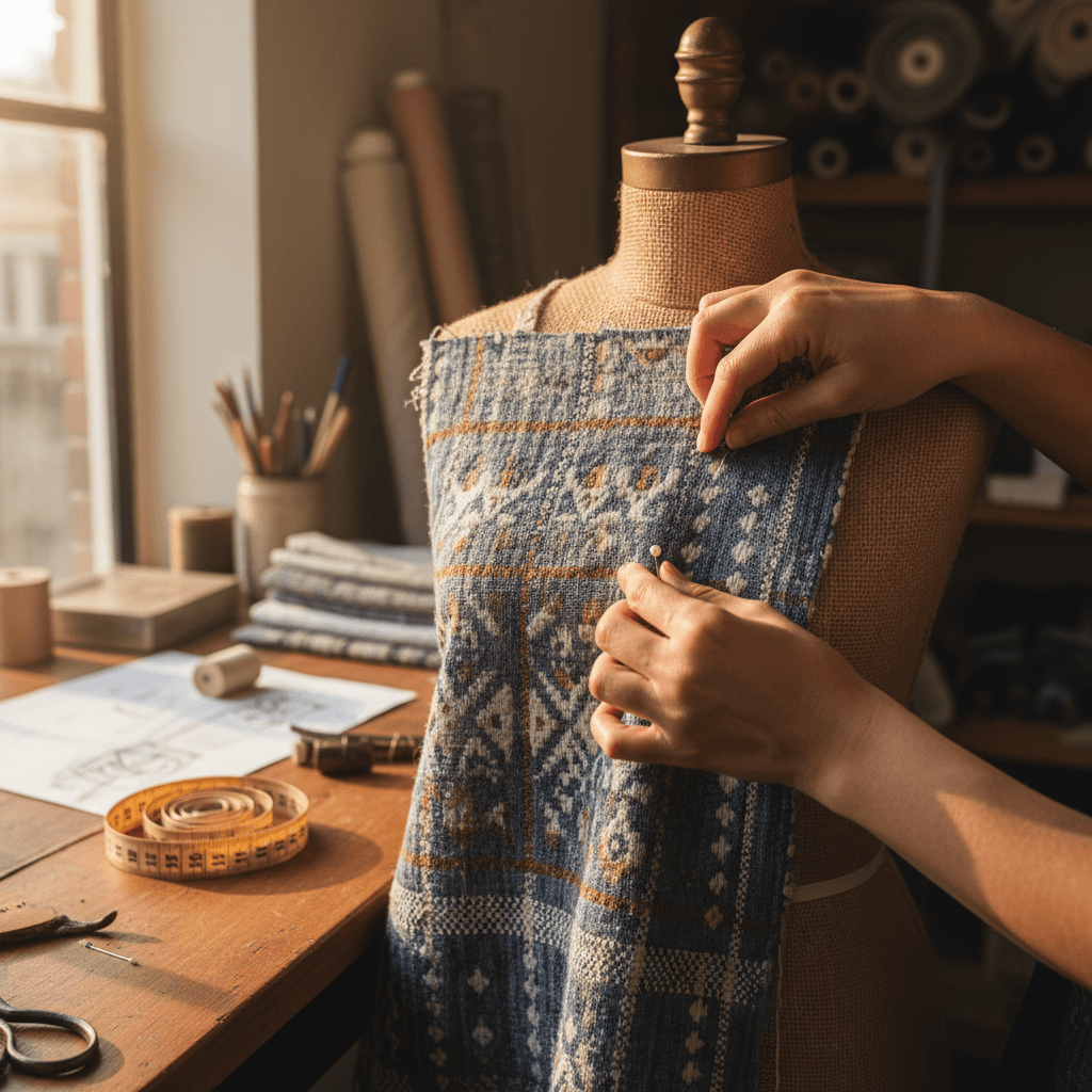 Wrap dress being adjusted on a form with visible sewing tools