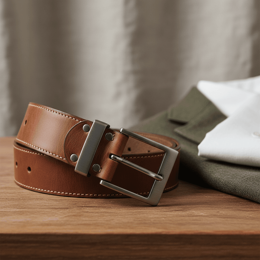 New leather belt on wood with detailed grain visible
