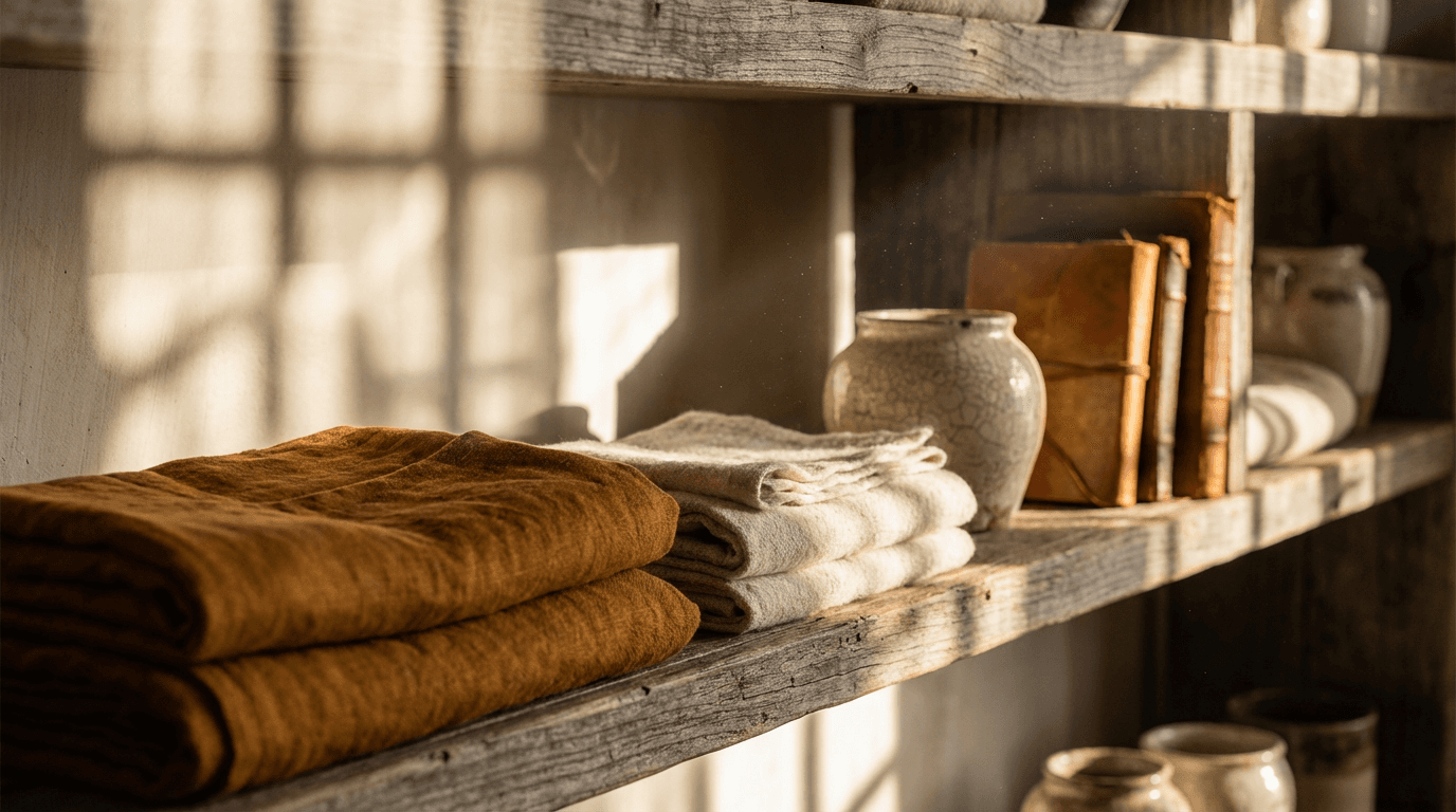 Handmade jewelry and vintage accessories displayed on a worn wooden table in a cozy, sunlit boutique